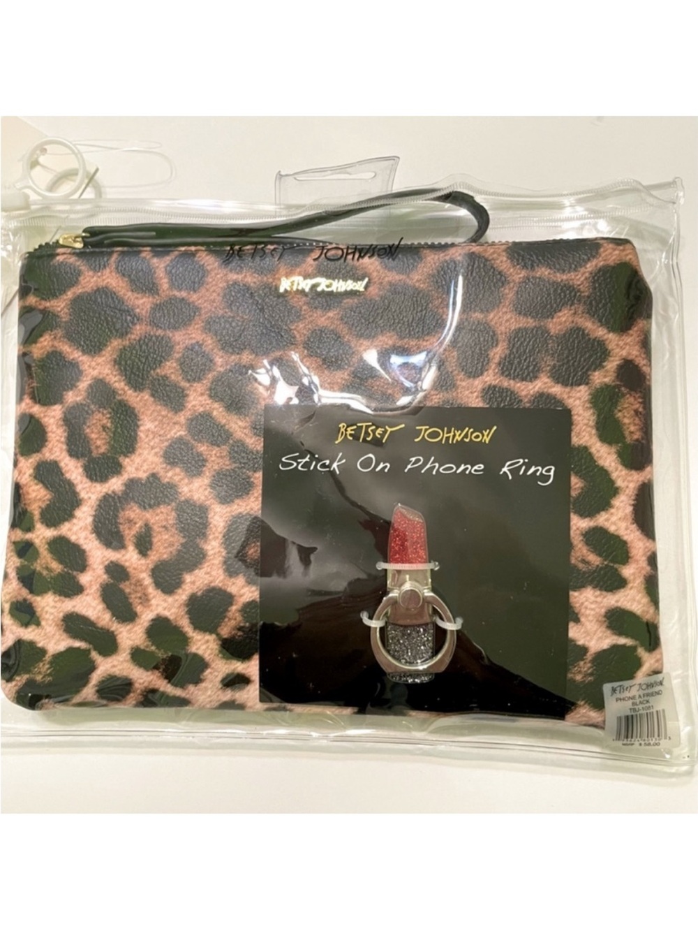 Betsy Johnson Phone A Friend Leopard Print Wristlet Lipstick Stick On Phone Ring